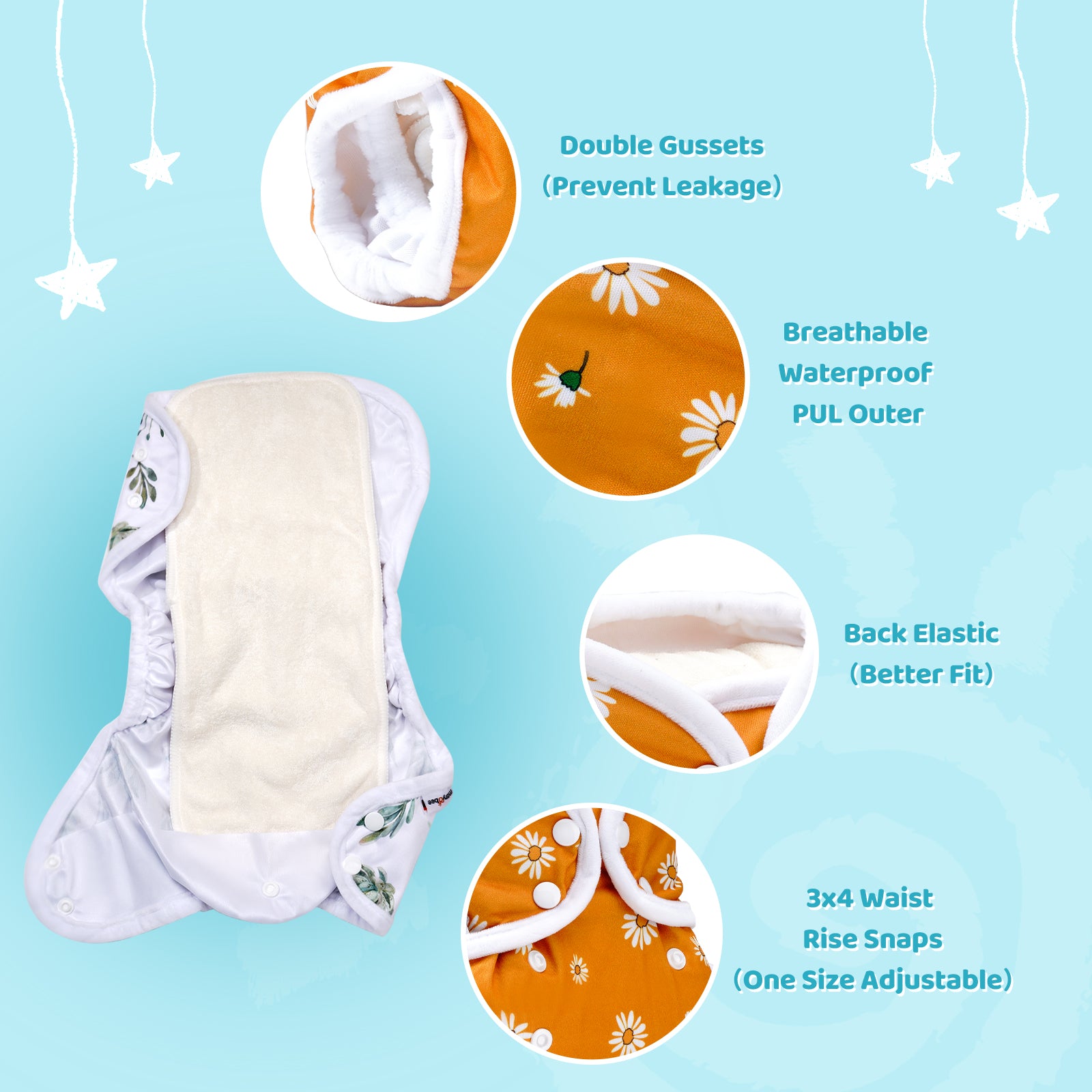 Yellow Patterns Cloth Diapers for Babies, Double Gusset, Reusable Washable Baby Diapers for Boys Girls Toddlers, One Size Adjustable, 4 Pack with 4 Absorbent Bamboo Diaper Inserts