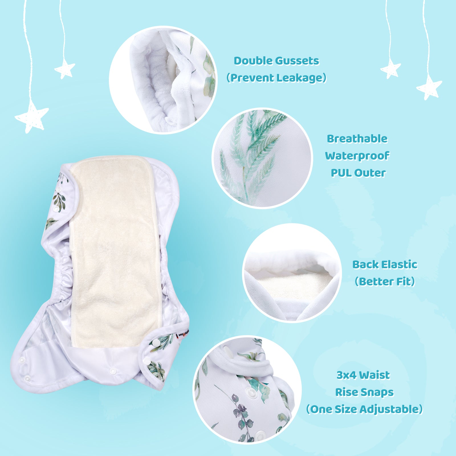 Grey/White/Green Patterns Cloth Diapers for Babies, Double Gusset, Reusable Washable Baby Diapers for Boys Girls Toddlers, One Size Adjustable, 4 Pack with 4 Absorbent Bamboo Diaper Inserts