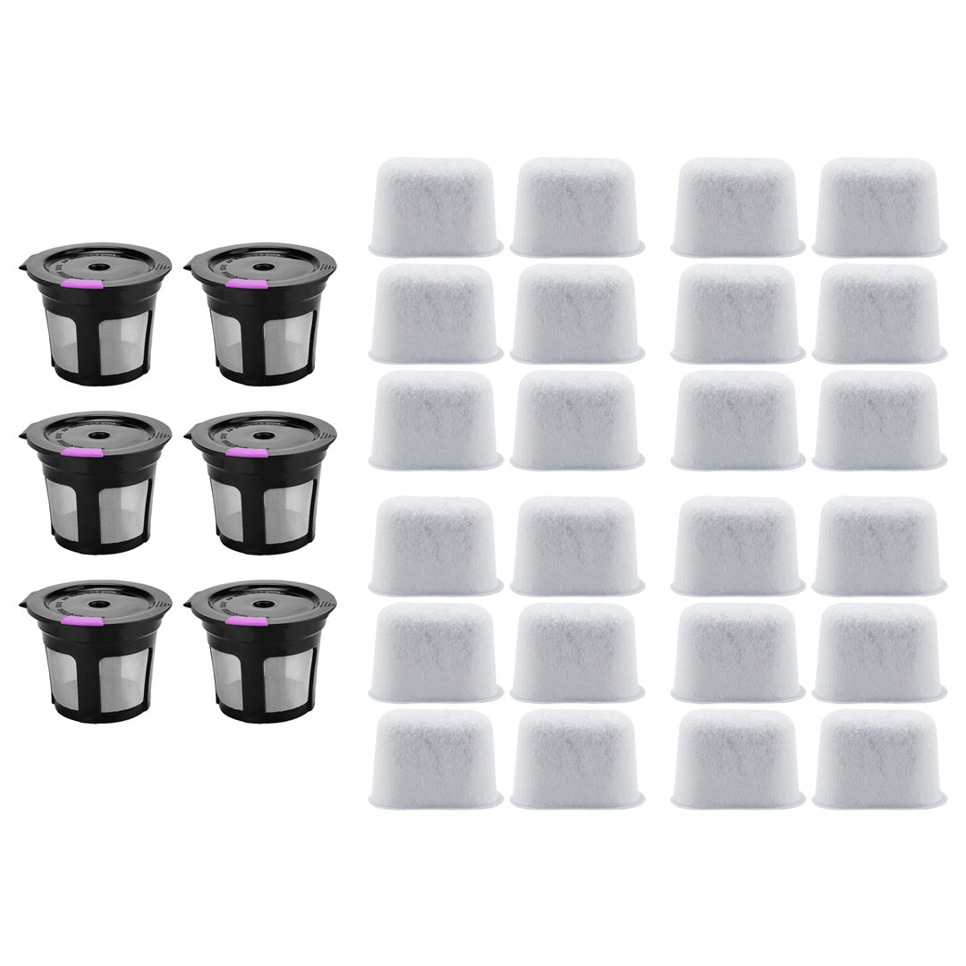 6 Pack Reusable K-Cup Coffee Filter and 24 Pack Charcoal Water Filter Replacement Part Compatible with Keurig 1.0 and 2.0 Series