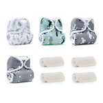 Grey/White/Green Patterns Cloth Diapers for Babies, Double Gusset, Reusable Washable Baby Diapers for Boys Girls Toddlers, One Size Adjustable, 4 Pack with 4 Absorbent Bamboo Diaper Inserts