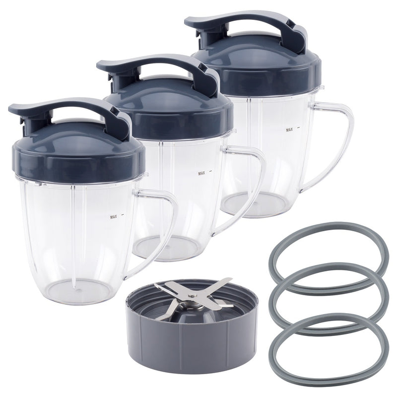 3 Pack 18 oz Handled Short Cup with Flip Top To-Go Lid, Gasket and Extractor Blade Replacement Part Compatible with NutriBullet 600W 900W Blenders NB-101B NB-101S NB-201