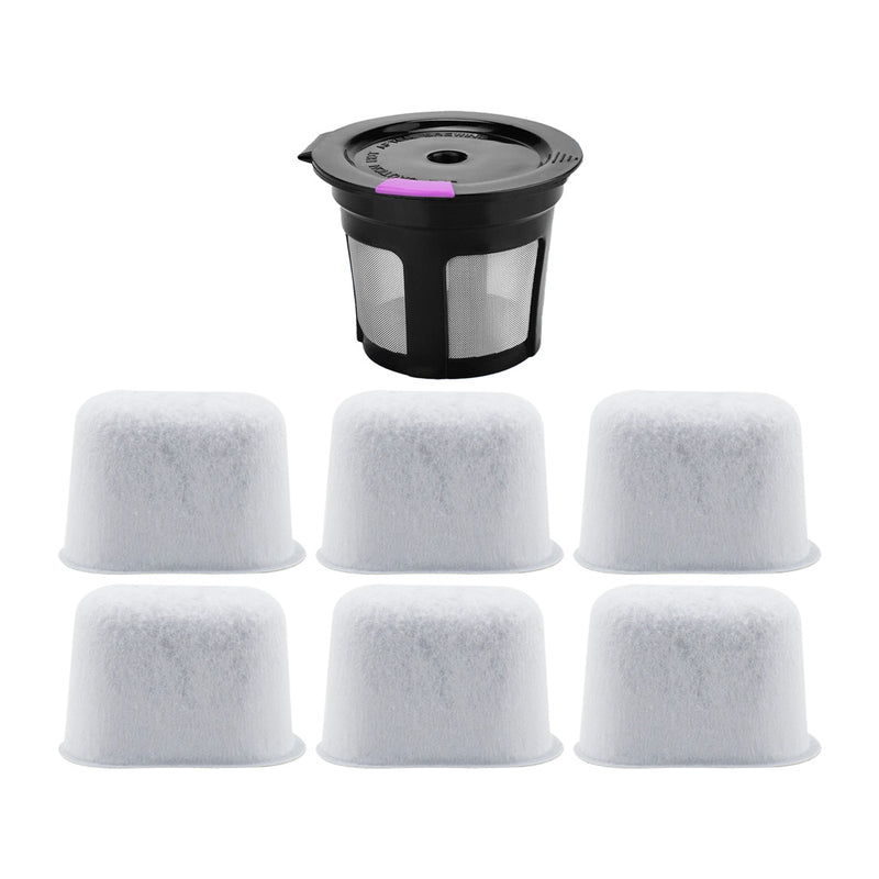 Reusable K-Cup Coffee Filter and 6 Pack Charcoal Water Filter Replacement Part Compatible with Keurig 1.0 and 2.0 Series