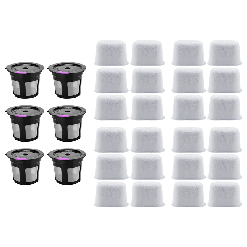 6 Pack Reusable K-Cup Coffee Filter and 24 Pack Charcoal Water Filter Replacement Part Compatible with Keurig 1.0 and 2.0 Series